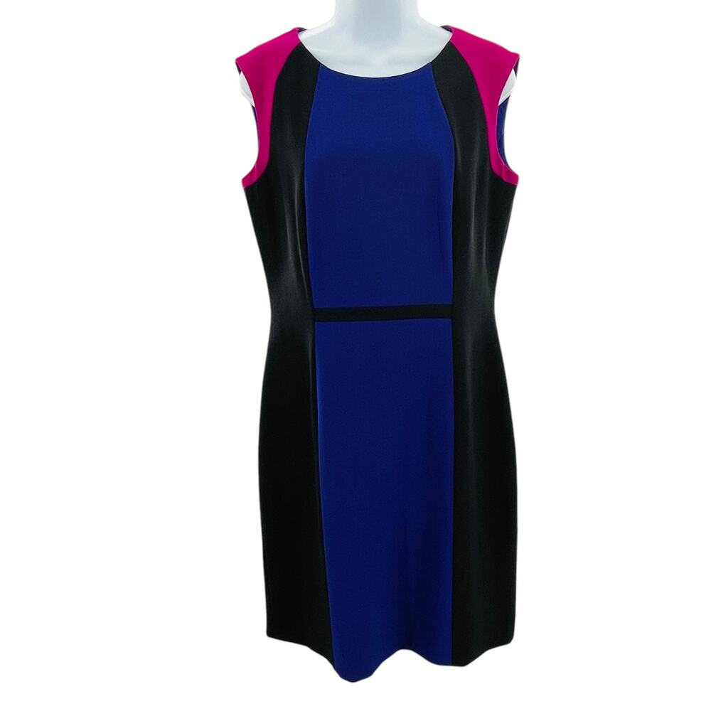 Tahari ASL Black Purple Pink 90s Colorblock Career Classic Sheath Dress 8 - Picture 2 of 11